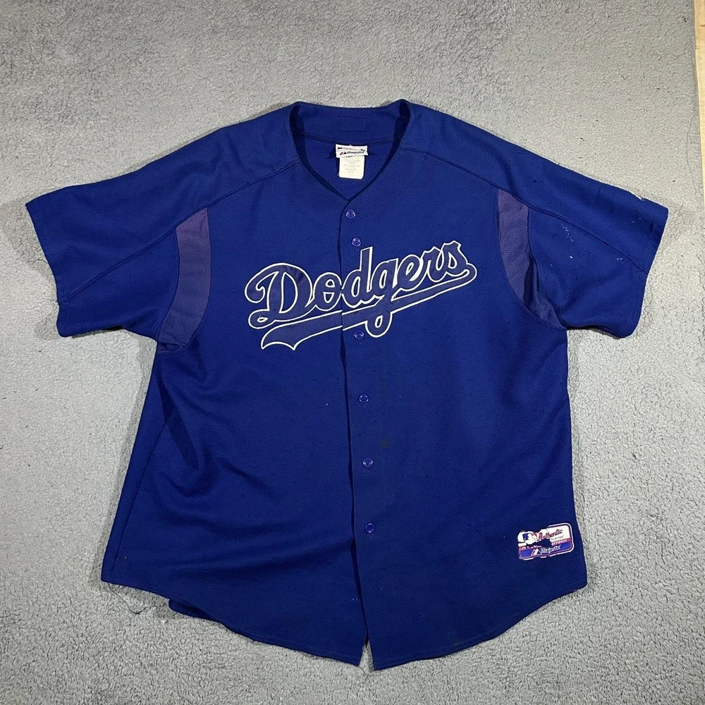 Vintage MAJESTIC LOS ANGELES DODGERS BLUE BASEBALL JERSEY 2XL BUTTON UP #3621